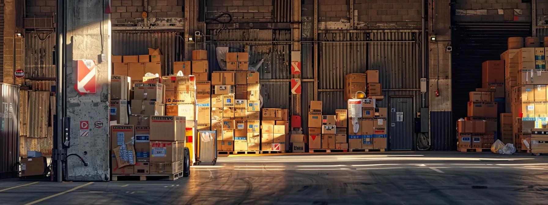a bustling urban packing facility in perth showcases neatly stacked boxes labeled with colorful tags, highlighting the importance of organized packing techniques amidst busy street traffic and construction barriers.