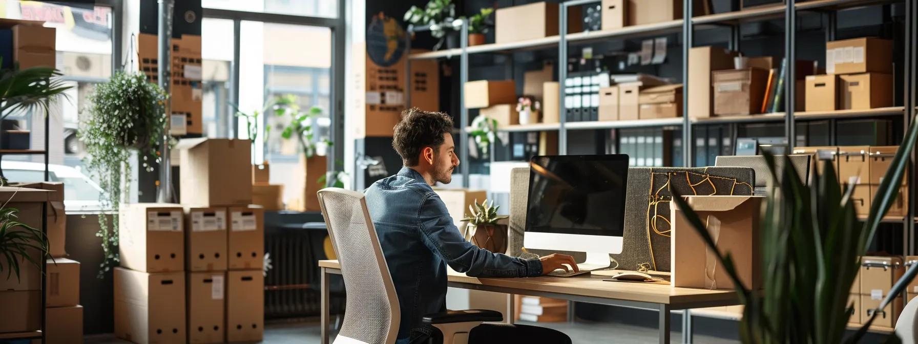 a modern, bustling office space in perth features a confident professional reviewing detailed information on a computer screen, surrounded by moving boxes labeled with various locations, emphasizing the importance of choosing dependable removalists for a successful relocation.