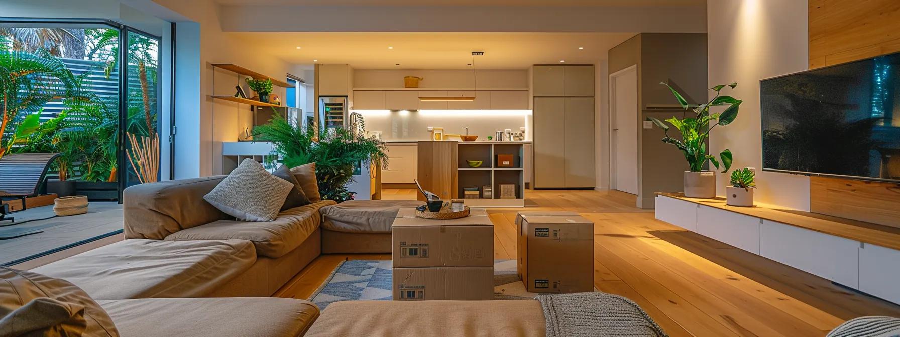 a welcoming and modern living room in a newly settled perth property, featuring unpacked boxes and a cozy atmosphere illuminated by warm artificial lighting, reflecting the essence of comfort and a fresh start.