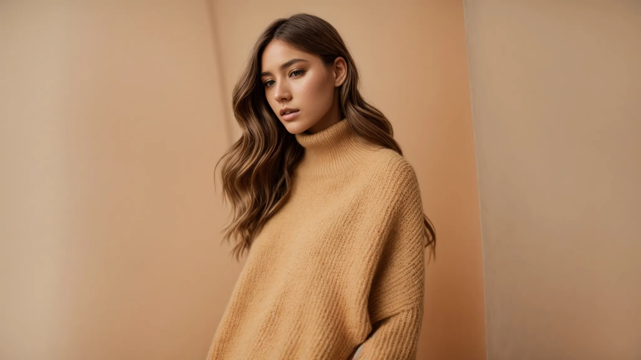 a mannequin adorned in an oversized, chunky knit sweater stands against a minimalist, autumn-inspired backdrop.