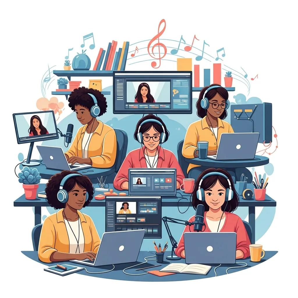 Diverse content creators in a modern workspace using royalty-free music for digital projects