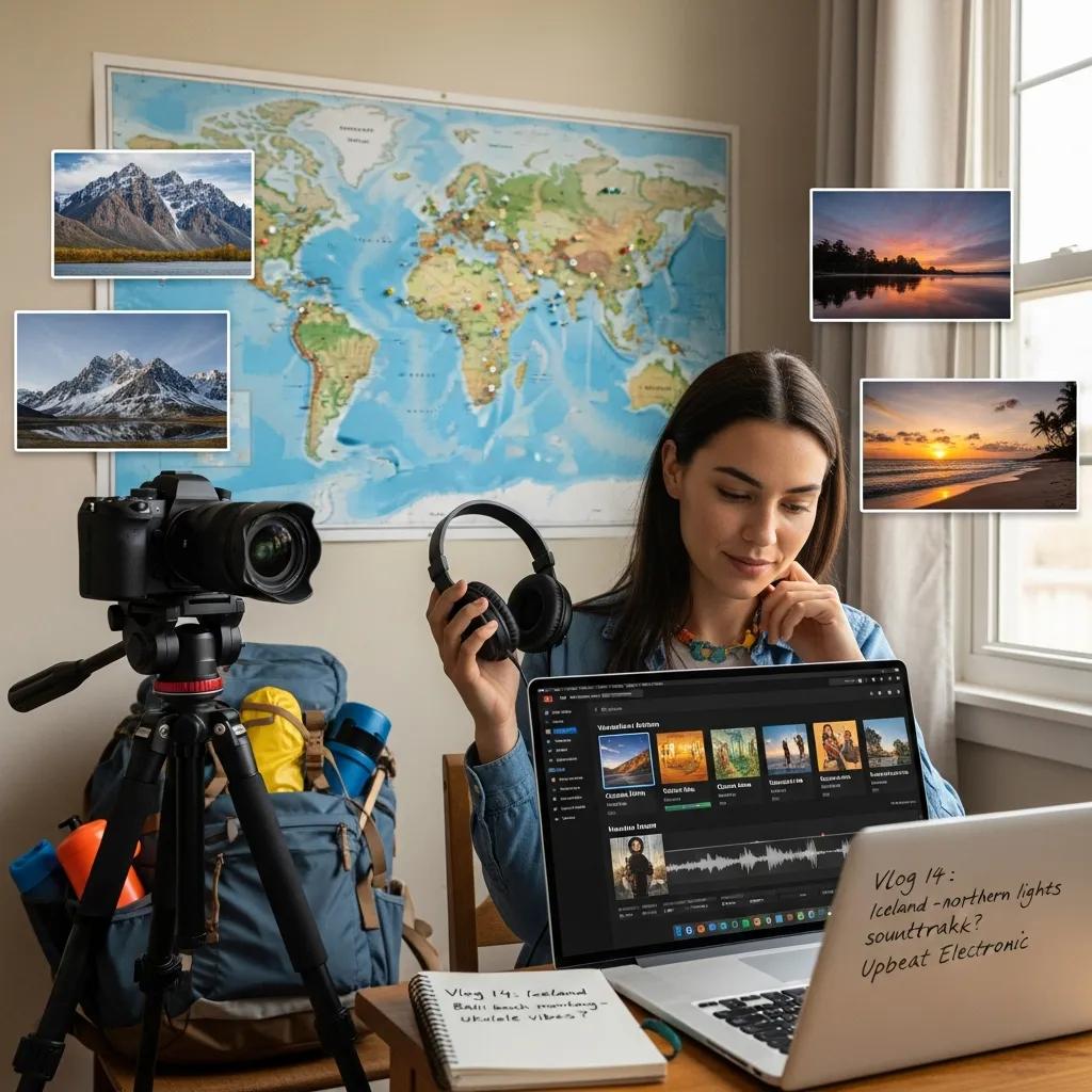 Travel video creator selecting music from a royalty-free music library